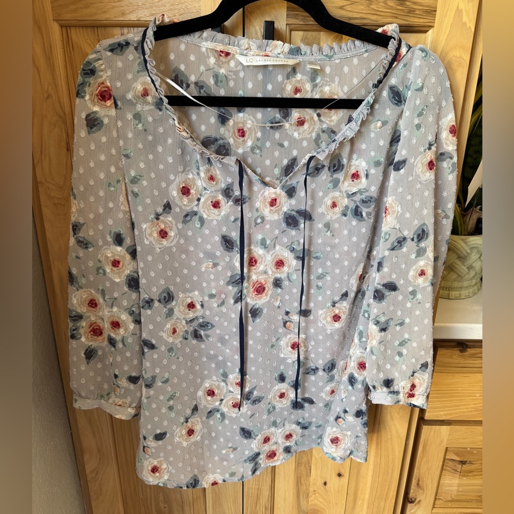 LC Lauren Conrad Light Blue Floral Blouse